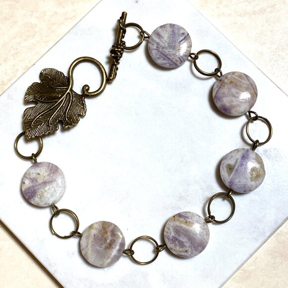 2/$20, Purple Opalized Fluorite Bracelet, Genuine Gemstone + Bronze Grape Leaf - Picture 6 of 12